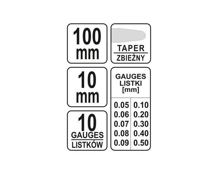 Щупи для вимірювання зазорів YATO YT-7222, 0.05-0.5 мм, 100 мм, 10 шаблонів фото