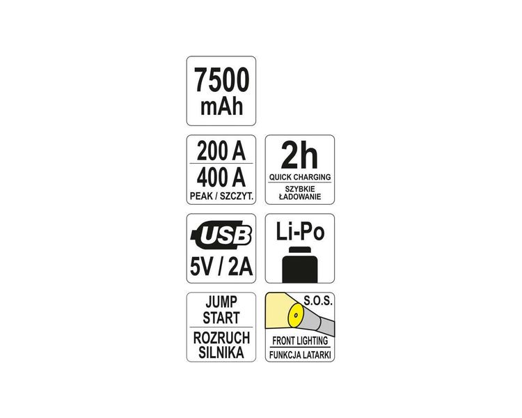 Портативна пускова батарея YATO YT-83080, Li-Pol, 7.5 Аг, 200/400 А фото