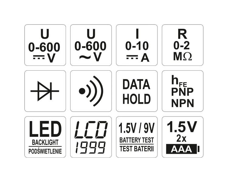 Мультиметр цифровий YATO YT-73081, AC/DC 600 В, DC 10 А фото