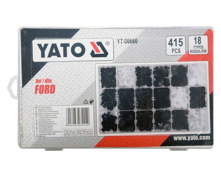 Кліпси для обшивки салону FORD YATO YT-06660, 18 типів, 415 шт фото