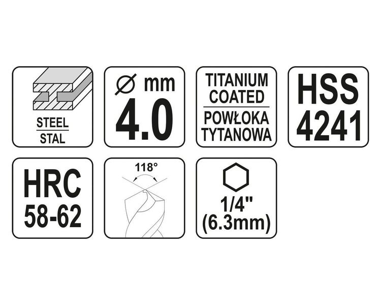 Свердло фрезерувальне титанове по металу YATO YT-44821, HEX 1/4", 4х78 мм фото