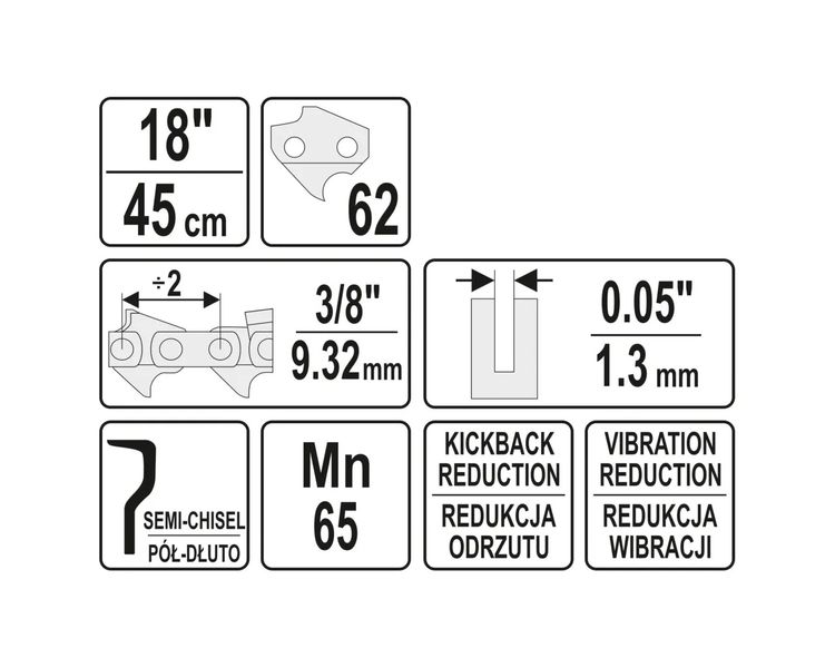 Ланцюг для бензопил YATO 18" (45 см), 62 ланок, крок 3/8" фото