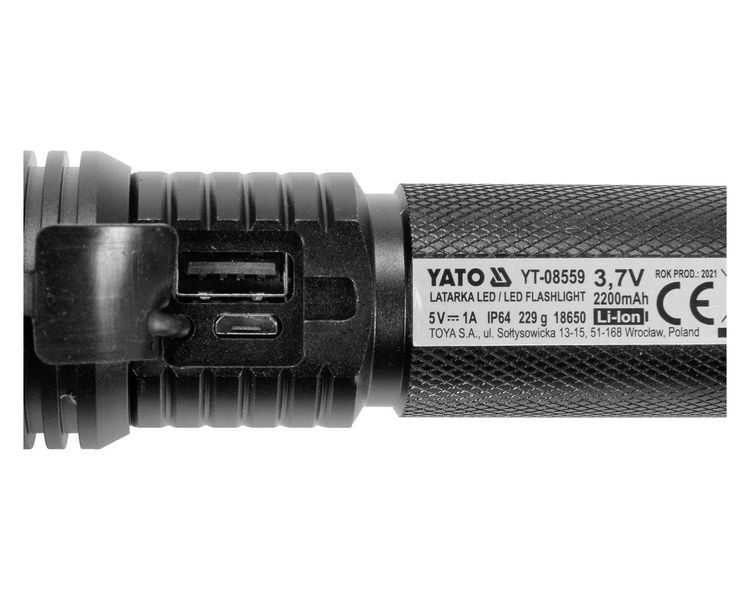LED фонарь аккумуляторный водонепроницаемый YATO YT-08559, 3.7В, 2.2Ач, 900 лм фото