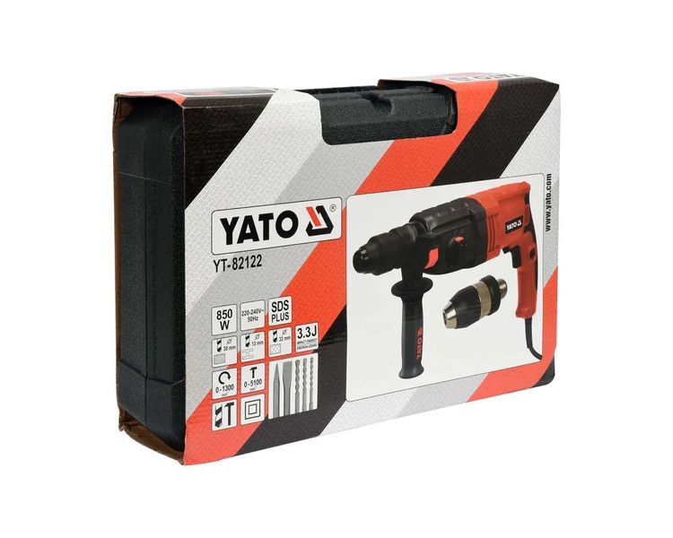 Перфоратор прямой с быстросменным патроном YATO YT-82122, SDS+, 850 Вт, 3.3 Дж фото