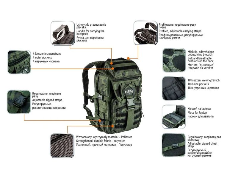 Рюкзак тактический до 15 кг CAMO NEO TOOLS 84-321, 22 кармана, полиэстер 600D фото