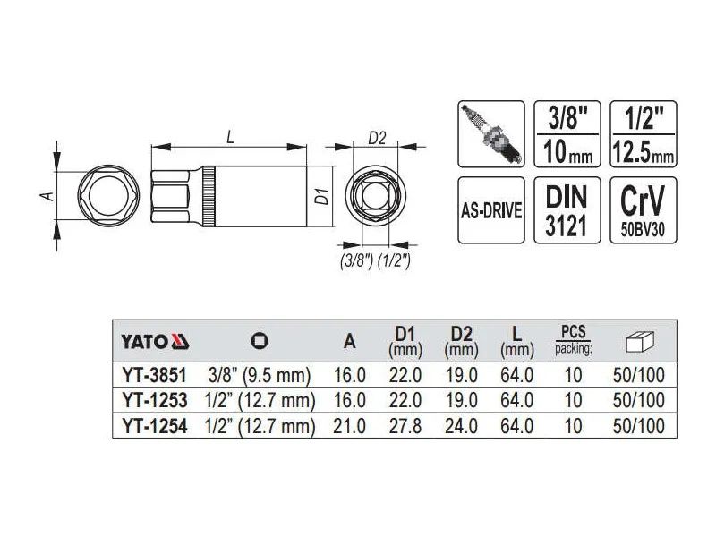 Головка свечная М18 мм YATO YT-3851, 3/8", 64 мм, сталь CrV50BV30 фото
