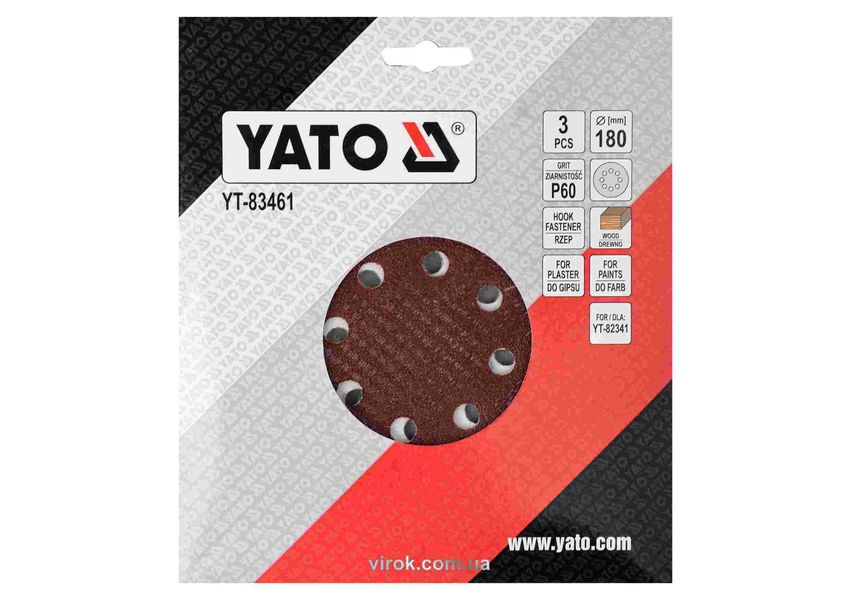 Круг наждачный шлифовальный YATO 180 мм, P60, 3 шт. фото