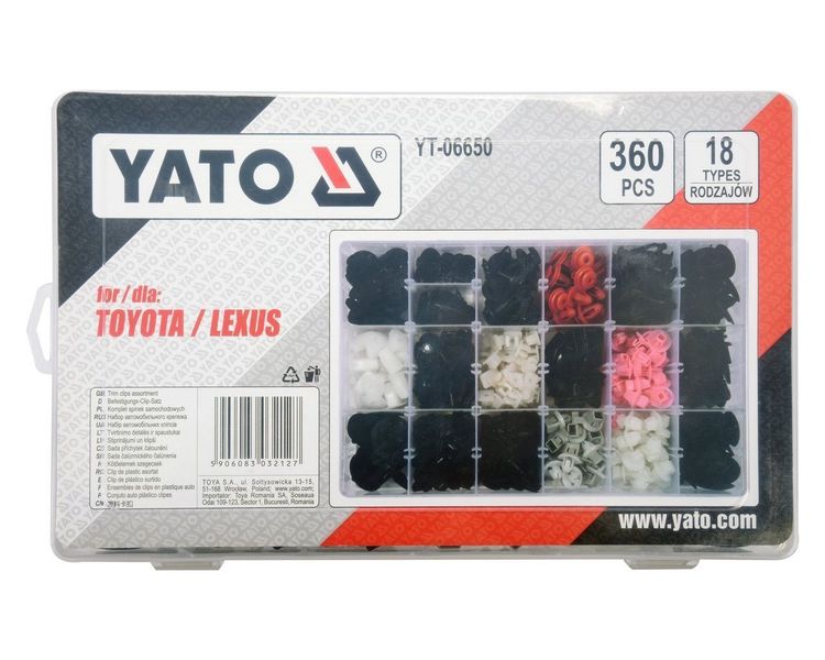 Клипсы для обшивки салона TOYOTA + LEXUS YATO YT-06650, 18 типов, 360 шт фото