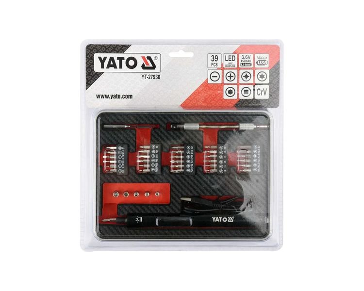 Отвертка аккумуляторная прецизионная YATO YT-27930, 3.6 В, 0.45 Ач, набор 39 од. фото