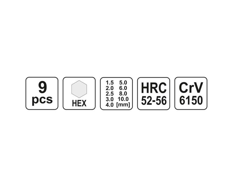 Набір шестигранних Г-подібних ключів YATO YT-0500, HEX 1.5-10 мм, 9 шт фото