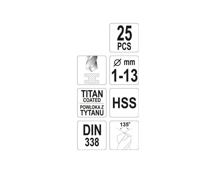 Набор титановых сверл по металлу YATO YT-44676 HSS-TiN, 1-13 мм, 25 шт фото