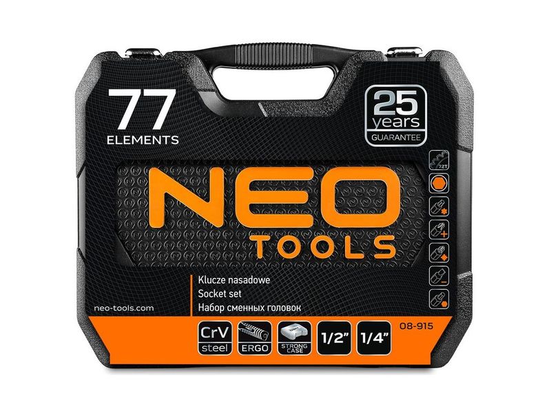 Набір інструментів NEO TOOLS 08-915, 1/4"-1/2", головки М4-32 мм, ключі 7-19 мм, 77 од. фото