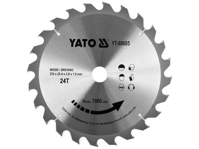 Диск пильный по дереву 235 мм 24 зуба YATO YT-60685, 25.4x2.8х1.8 мм, 7000 об/мин фото