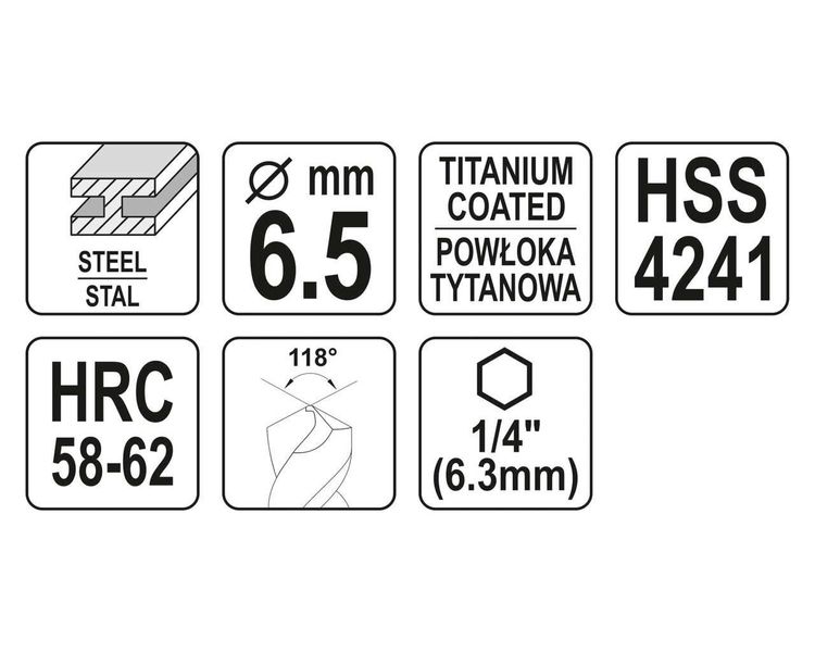 Свердло фрезерувальне титанове по металу YATO YT-44824, HEX 1/4", 6.5х89 мм фото