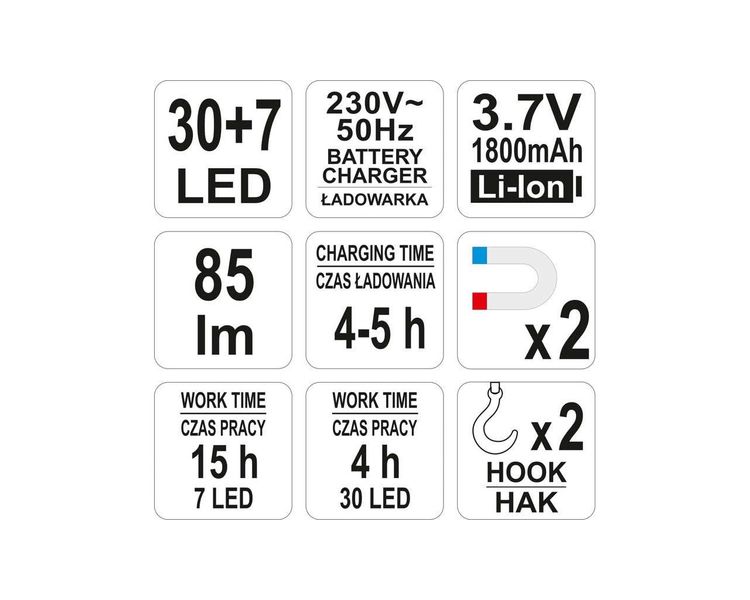 LED світильник акумуляторний YATO YT-08505, 1.8 Аг, 86 Лм, режими 30+7 фото