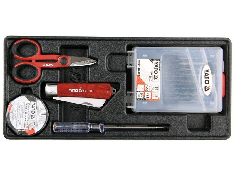 Вклад до висувного ящика YATO YT-55471, 23 предмета: свердла, ножиці, ніж, викрутка-індикатор фото