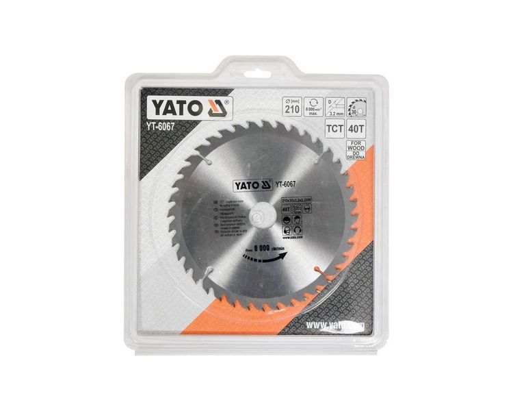 Диск пильный по дереву 40 зубов YATO YT-6067, 210х30x3.2 мм, до 8000 об/мин фото