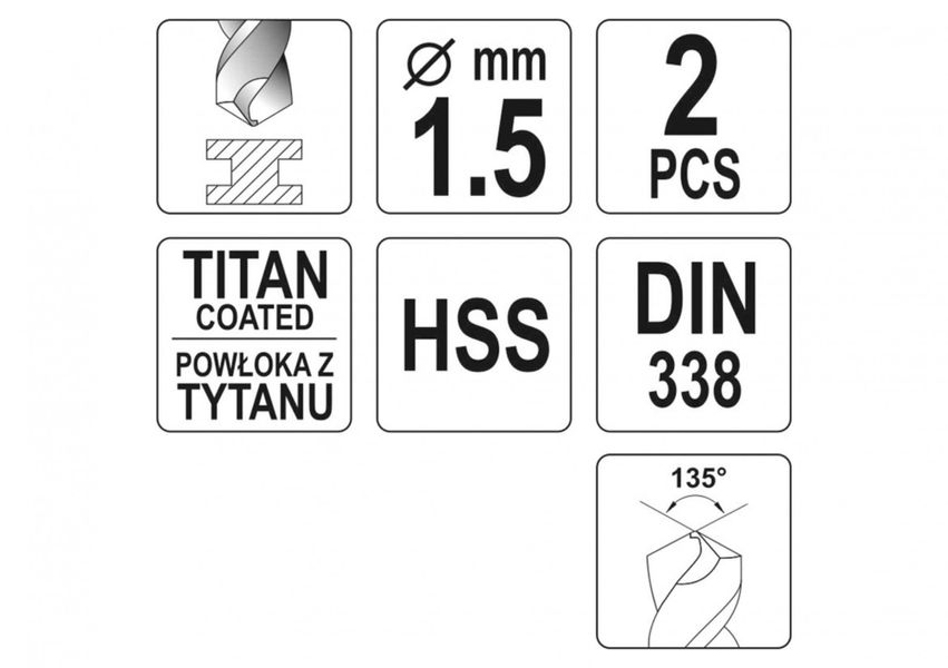 Свердло по металу титанове 1.5 мм YATO YT-44631, HSS-TIN, 40/18 мм, 2 шт. фото