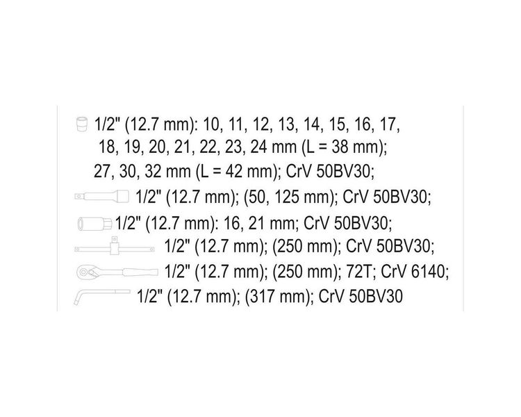 Набор головок торцевых YATO YT-12671, 1/2", М10-32 мм, 25 ед. фото