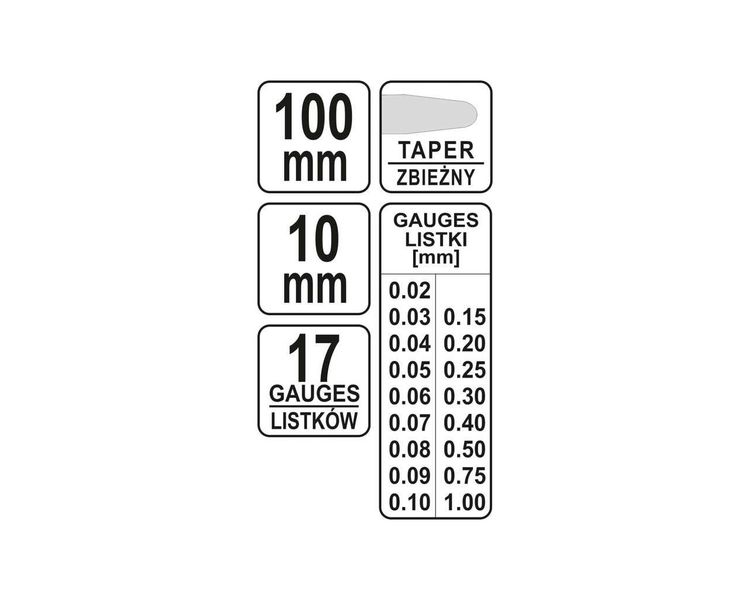 Щупи для вимірювання зазорів YATO YT-7220, 0.02-1 мм, 100 мм, 17 шаблонів фото