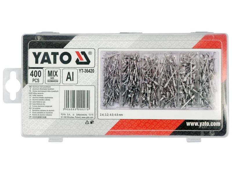 Набор заклепок алюминиевых YATO YT-36420, 2.4-3.2-4.0-4.8 мм, 400 шт. фото