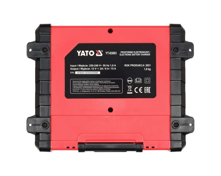 Інтелектуальний зарядний пристрій 15А для автомобільних АКБ YATO YT-83003, 12 В, 2/8/15 А фото
