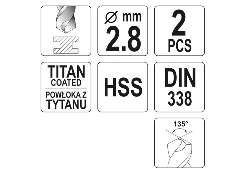 Сверло по металлу титановое 2.8 мм YATO YT-44634, HSS-TIN, 61/33 мм, 2 шт. фото