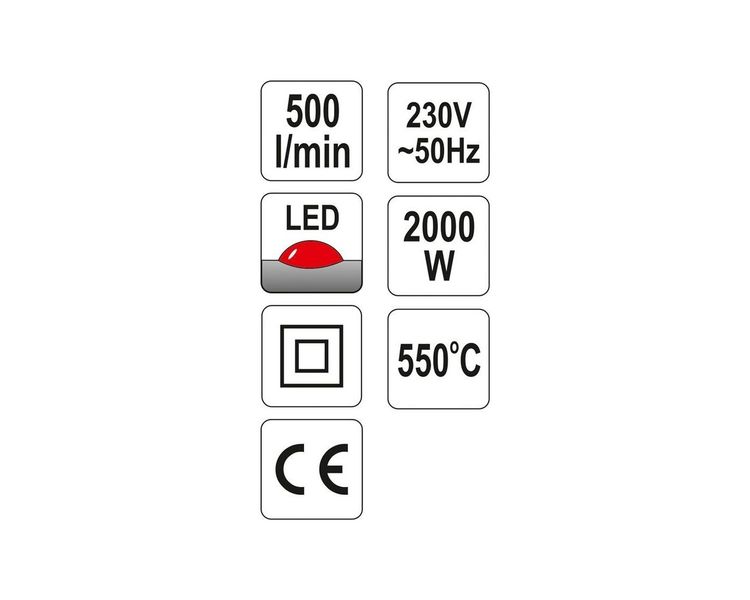 Фен будівельний з LED індикаторами YATO YT-82292, 2 кВт, 550 °C, 500 л/хв, 3 режими фото
