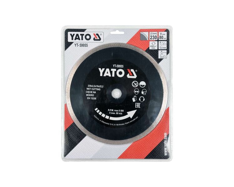 Диск для плитки алмазний суцільний 230 мм YATO YT-59955, 2.2х10 мм, 22.2 мм фото