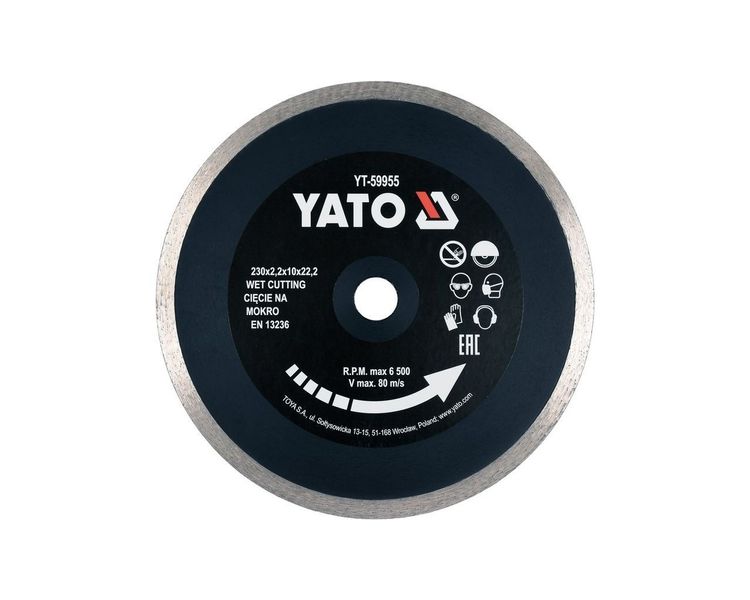 Диск для плитки алмазний суцільний 230 мм YATO YT-59955, 2.2х10 мм, 22.2 мм фото