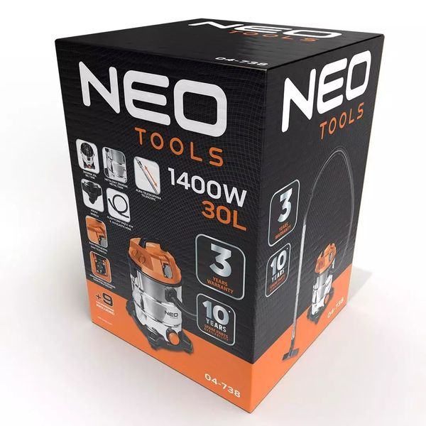 Neo Tools 04-738 пылесос строительный с розеткой, 1400 Вт, 18 кПа, 30 л, бак нержавеющий фото