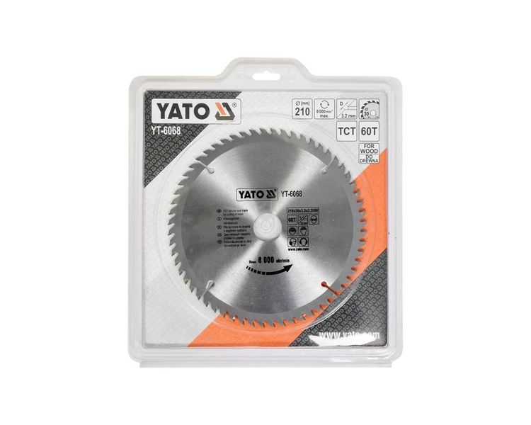 Диск пильний по дереву 210 мм 60 зубів YATO YT-6068, 30x3.2 мм, до 8000 об/хв фото