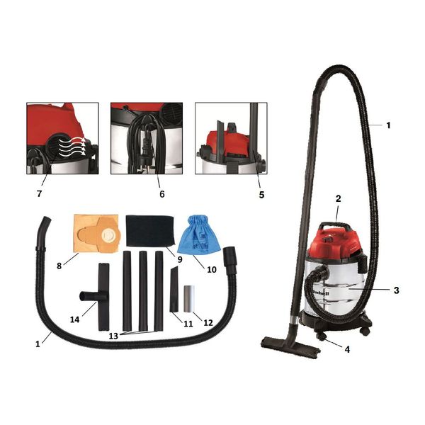 Einhell TC-VC 1812 S (2342370) пылесос строительный 1250 Вт, 18 кПа, бак 12 л, сухое/влажное фото