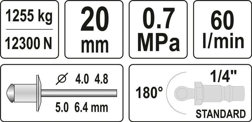 Заклепувальник пневматичний YATO 4.0-6.4 мм, 60 л/хв фото
