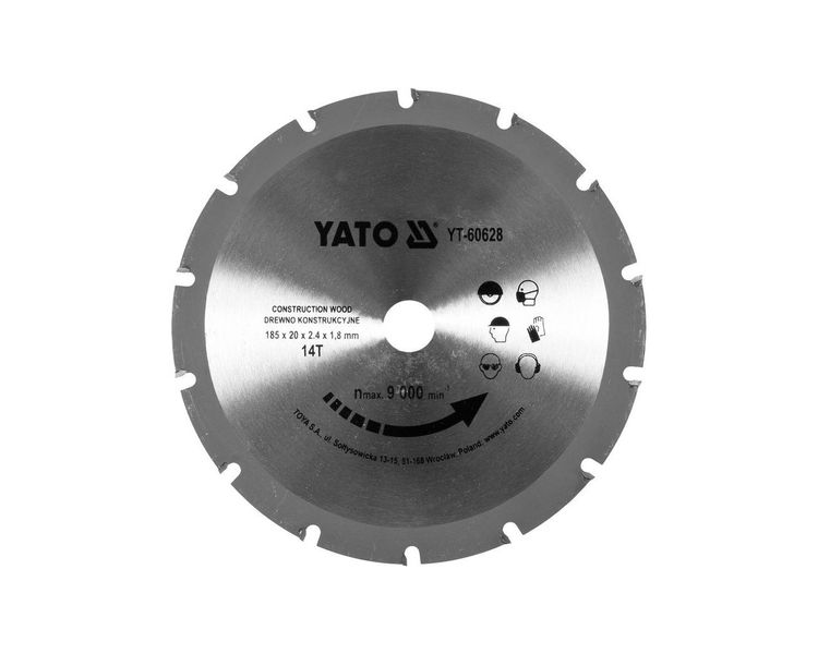 Диск пильний по дереву з цвяхами 185 мм YATO YT-60628, 14 зубів, 2.4 мм, отвір 20 мм фото