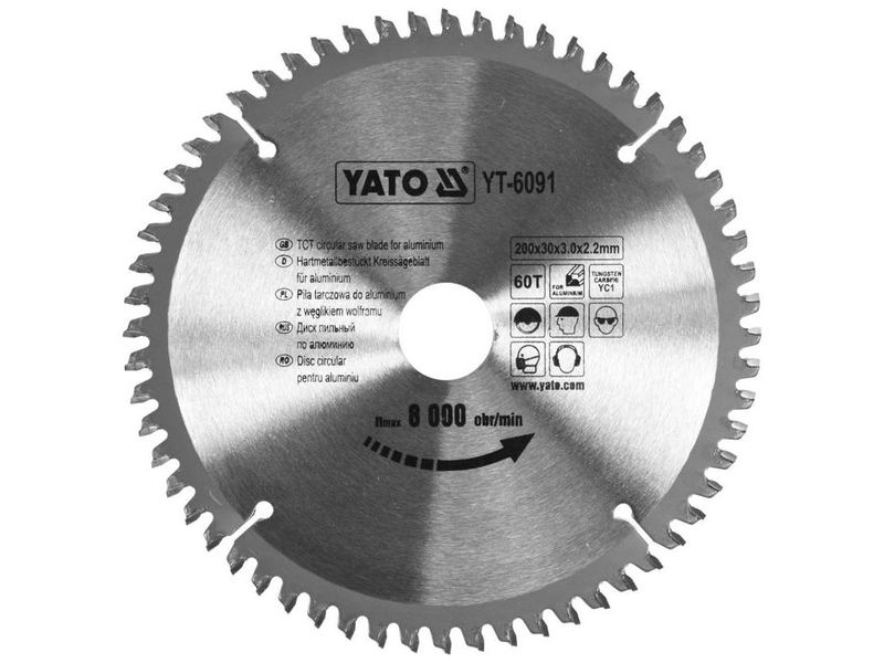 Диск по алюминию 200 мм YATO YT-6091, 60T, посадка 30 мм, 3.0х2.2 мм, 8000 об/мин фото