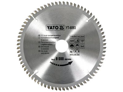 Диск по алюмінію 210 мм YATO YT-6093, 72T, посадка 30 мм, 3.0x2.2 мм, 8000 об/хв фото