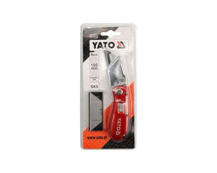 Нож складной с лезвием трапецией YATO YT-7534, лезвие 61×33 мм + 5 запасных фото