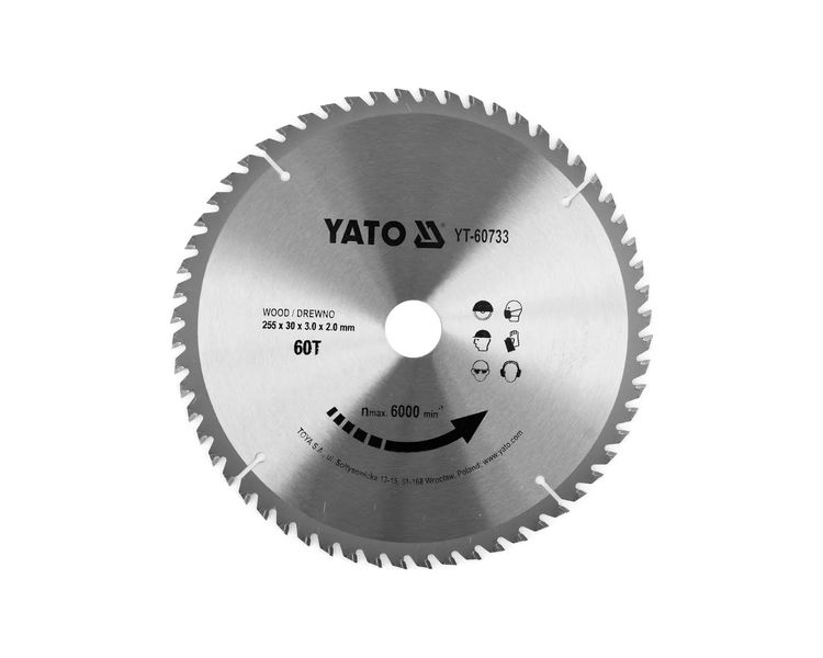 Диск пильний по дереву 60 зубів 255 мм YATO YT-60733, отвір 30 мм, зуб 3.0 мм фото