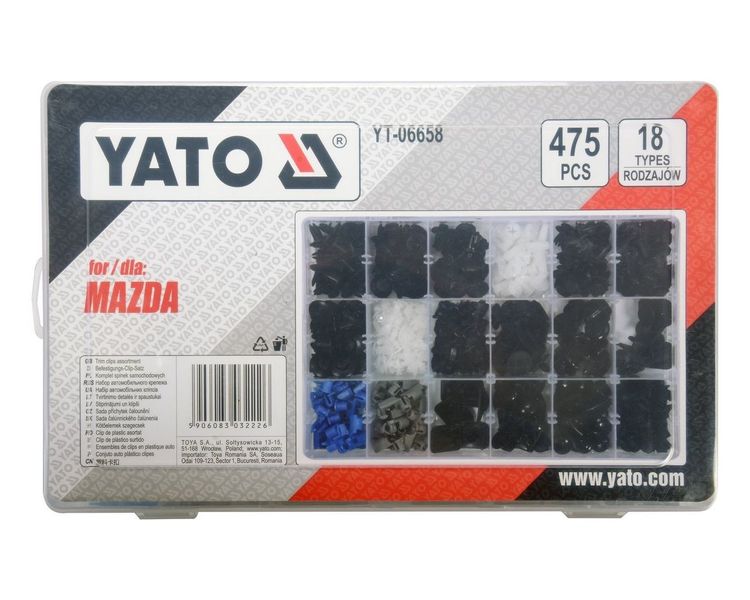 Клипсы для обшивки салона MAZDA YATO YT-06658, 18 типов, 475 шт фото