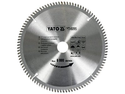 Диск по алюминию 250 мм YATO YT-6095, 100T, посадка 30 мм, 3.0x2.2 мм, 6000 об/мин фото