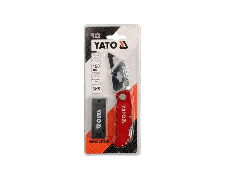 Нож складной с лезвием трапецией YATO YT-7532, лезвие 61×33 мм + 5 запасных фото