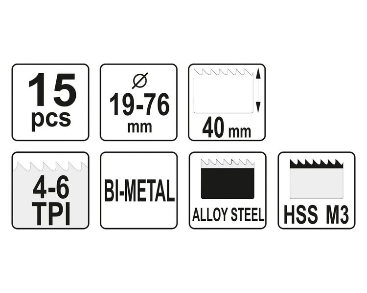 Набір коронок по металу біметалевих YATO YT-3381, 19-76 мм, HSS M3, 15 шт фото