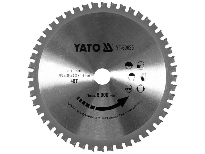 Диск по металлу с твердосплавными напайками YATO YT-60625, 185x2.2x20 мм, 48T, 6000 об/мин фото