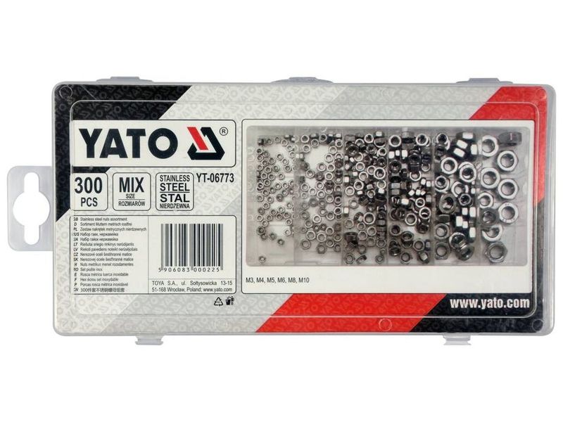Гайки нержавіючі М3-М10 в органайзері YATO YT-06773, 300 шт. фото