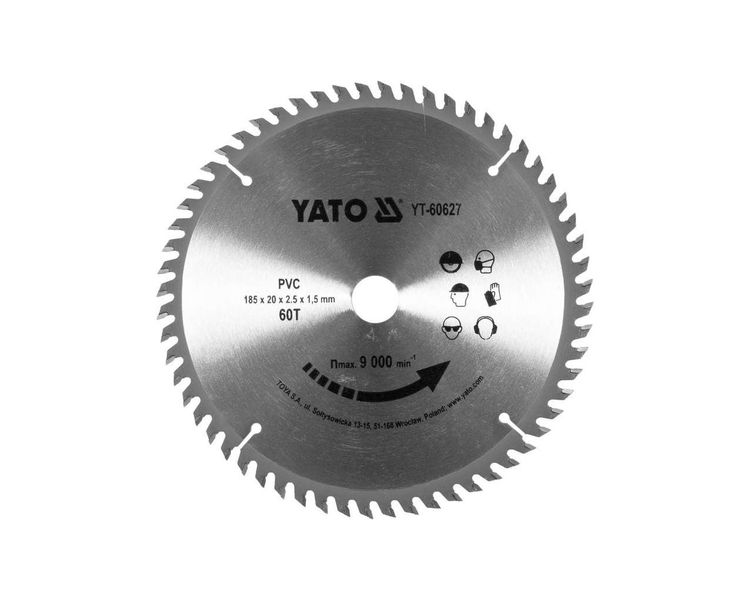 Диск по пластику твердосплавний 185 мм YATO YT-60627, 2.5x20 мм, 60 зубців, 9000 об/хв фото