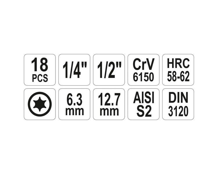 Набір насадок в тримачі TORX Т10-60 YATO YT-7751, 1/2"-1/4", 18 од. фото