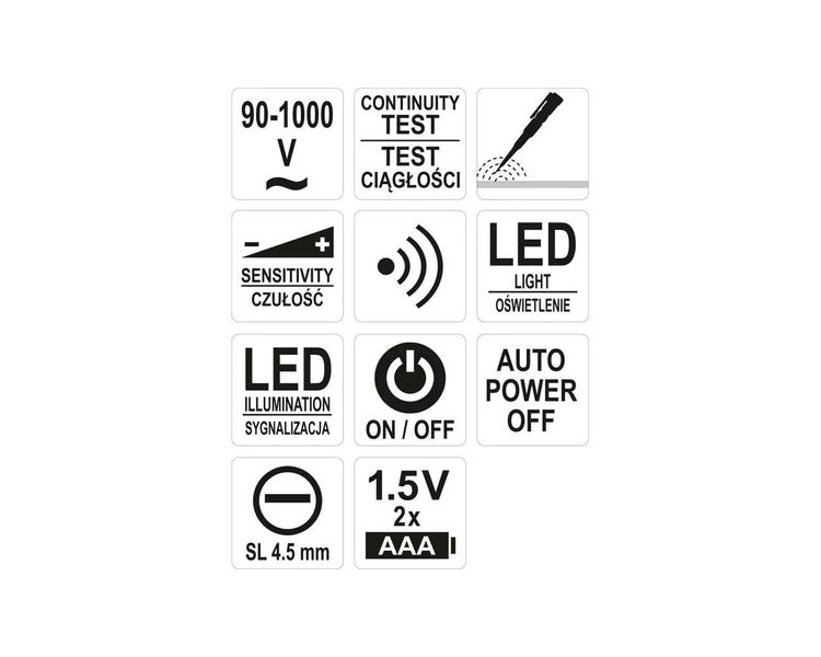 Индукционный тестер напряжения YATO YT-28310, фонарик, звуковая индикация, 90-1000 В фото