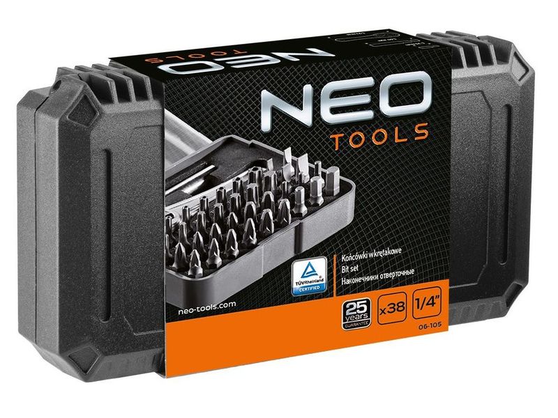 Набор бит с трещоткой и держателем NEO TOOLS 06-105, 1/4", 25 мм, 38 ед., сталь S2 фото