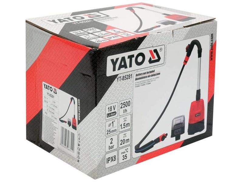 Насос погружной аккумуляторный для воды YATO YT-85281, 18 В, 41.6 л/мин, всасывание до 1.5 м, подача до 20 м фото